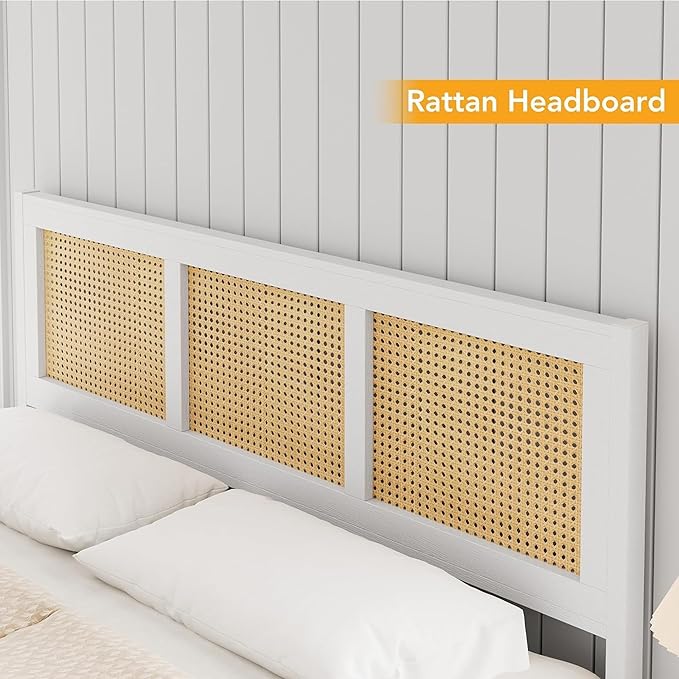 GarveeHome King Size Bed Frame with Headboard, Boho Rattan Bed Frame with Strong Metal Slat, Noise Free, No Box Spring Needed, White