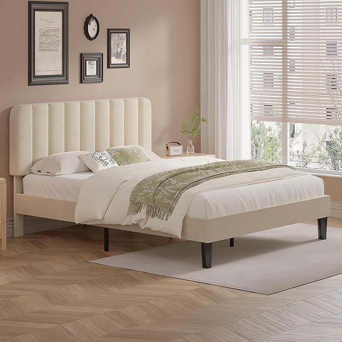 VECELO Queen Size Bed Frame with Upholstered Headboard, Velvet Platform Bedframe Mattress Foundation, Strong Wood Slat Support, No Box Spring Needed,Bone Beige