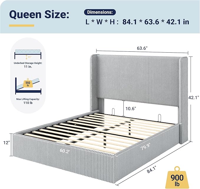 Allewie Queen Size Lift-Up Storage Bed Frame with Modern Wingback Headboard, Corduroy Upholstered Platform Bed, Hydraulic Gas Lift Support, Underbed Storage, Wooden Slats, No Box Spring Needed, Grey