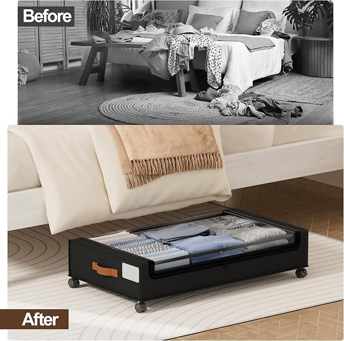 LAMU Under Bed Storage with Wheels, 4 Pack Under Bed Storage Containers with Clear Lid, XXL 60L Underbed Storage Bins, Rolling Under Bed Metal Drawers for Clothes, Blankets, Shoes, Black