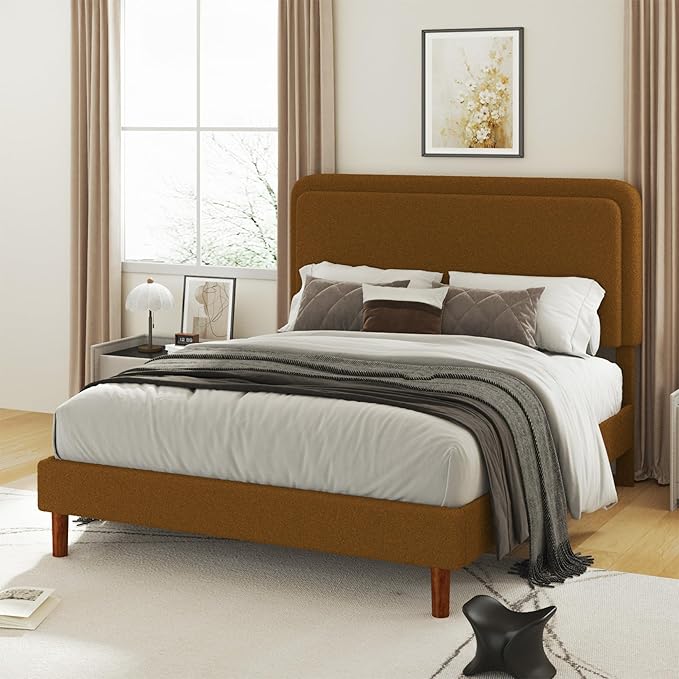 Full Size Boucle Upholstered Bed Frame with Adjustable Headboard, Cloud Platform Bed, Solid Wooden Legs, No Box Spring Needed, Easy Assembly, Brown
