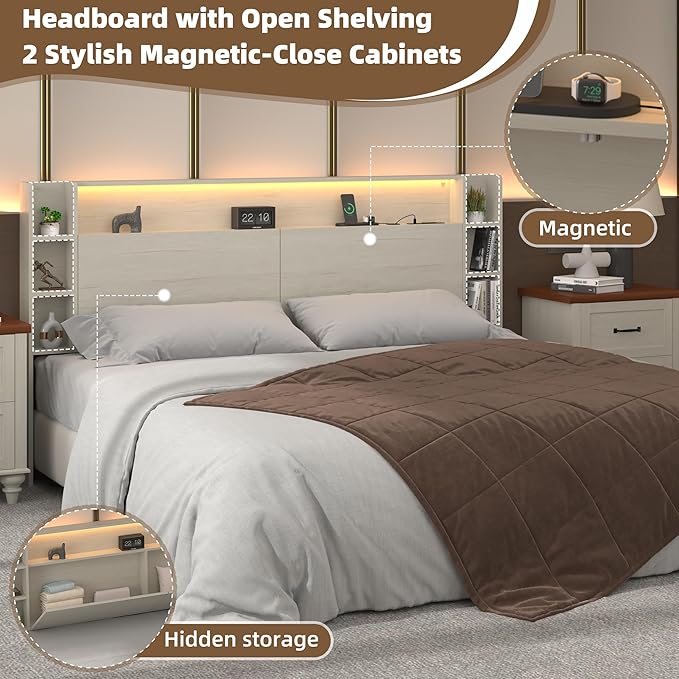 Queen Headboard Only with Shelves Storage, Headboards with Charging Station 2 USB Ports and LED Light,Sturdy and Stable Modern Sturdy and Stable Wood Bed Board (White, Queen) | Solid wood leg, chargestation, Storage