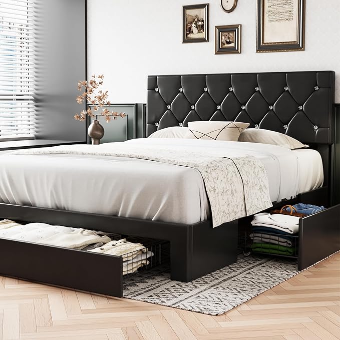 VECELO Full Size Bed Frame with 3 Storage Drawers, Leather Upholstered with Diamond Tufted Headboard, Solid Wood Slat Support & Steel Framework, Black