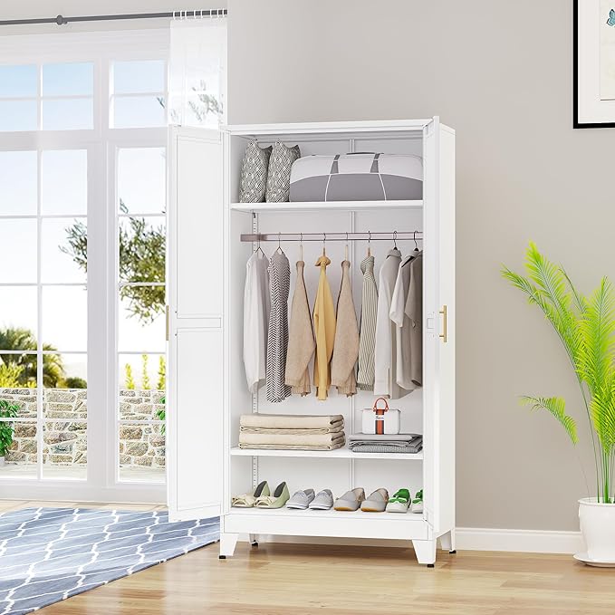 erosoei 71 "Metal Armoire Wardrobe Closet, Steel Clothing Storage Cabinet with Adjustable Shelves and Hanging Rod, Household Steel Wardrobe Storage Cabinet with Adjustable Standing feet (White)