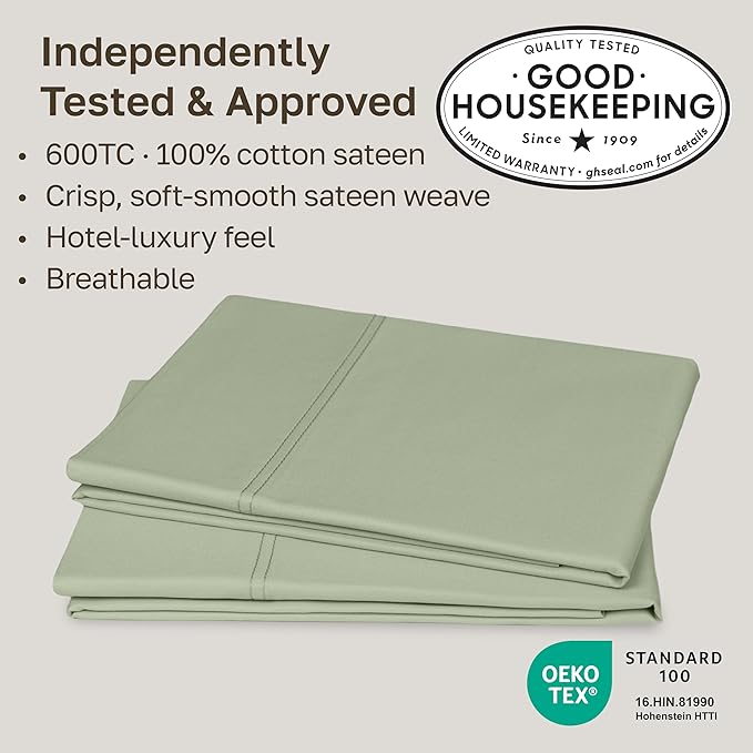 California Design Den Premium King Pillowcases Set of 2-600 Thread Count Sateen, Natural 100% Cotton King Size Pillow Case Pair, Crisp, Durable Bedding - Laurel Green