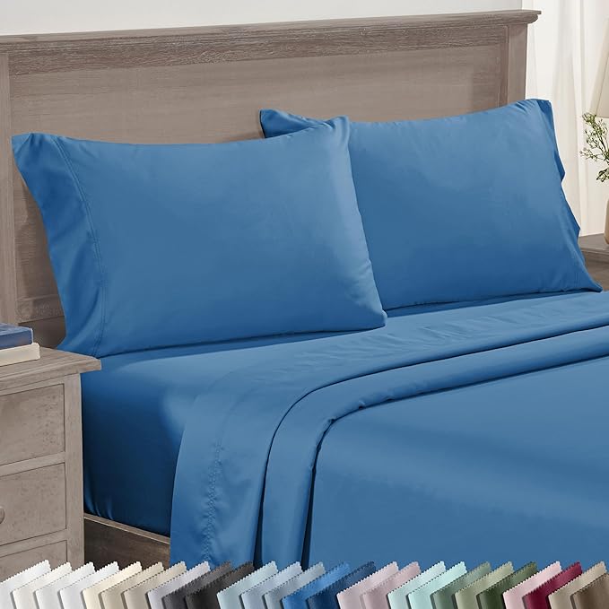 Pillow Cases Queen/Standard Set of 2-600 Thread Count Sateen, Natural 100% Cotton Pillow Case Pair, Crisp, Durable Bedding - Parisian Blue