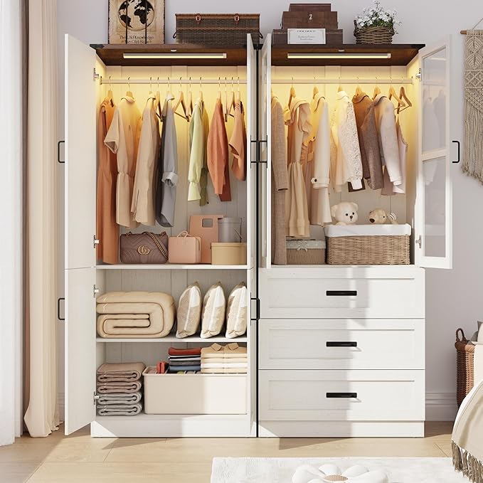 75" Tall Farmhouse 4 Doors Armoire Wardrobe Closet with 3 Drawers and LED,Freestanding Closet Wardrobe Cabinet for Bedroom with Hanging Rod,Wooden Armoire Storage Cabinet Adjustable(Rustic Off White)