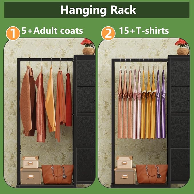 HIGDBFE Dresser with Hanging Rack, 4 Drawers Small Closet for Bedroom, Reversible Fabric Kids Chest of Drawers with Clothes Rack, Tall Storage Tower, Sturdy Frame, Black, 44''H