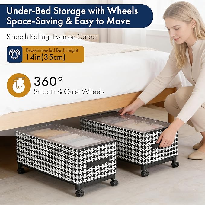 Under Bed Storage with Wheels, 65L Adjustable Underbed Bins 30.3×11.4×11.8" for Clothes Shoes Blankets (black - Transparent Cover)