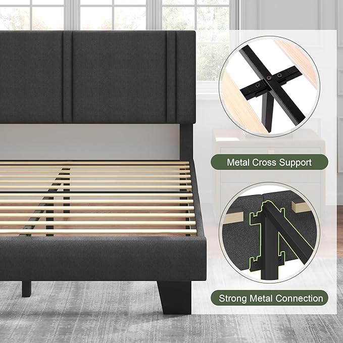 Feonase Queen Platform Bed Frame, Fabric Upholstered Queen Bed Frame, Solid Wood Slats & Heavy Duty Feet Support, No Box Spring Needed, Noise-Free, Easy Assembly, Dark Grey