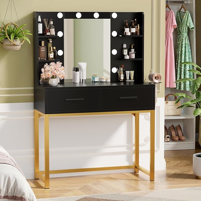 YESHOMY Vanity Desk with Mirror, Makeup Table with 2 Large Drawers, Power Outlet and Round Holder, 3 Color Modes Adjustable Bulb, Pure Black & Gold Frame