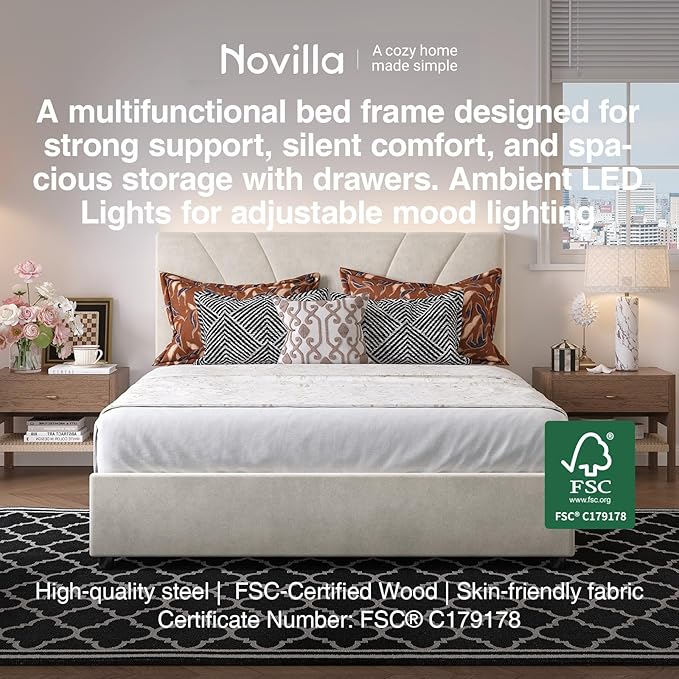 Novilla Queen Size Bed Frame, Queen Bed Frame with Headboard, Queen Bed Frame with Drawers, LED Bed Frame Queen Size, Charging Station and Adjustable Headboard, No Box Spring Needed, White Velvet