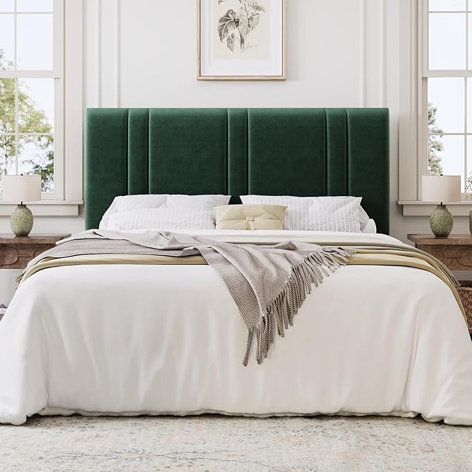 SHA CERLIN Queen Size Platform Bed Frame, Velvet Upholstered Bed with Adjustable Headboard, Vertical Channel Tufted Design, Sturdy Wood Slat Support, No Box Spring Needed, Easy Assembly, Green