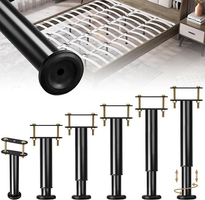 6 Pcs Adjustable Height Bed Support Legs, 7-12.6 Inch Metal Under Bed Frame Support Legs, Extra Sturdy Bed Legs Replacement Parts with Rubber Non-Slip Base for King Queen Frame Wooden Center Slat