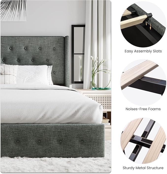 SHA CERLIN King Size Lift Up Storage Bed Frame,Button Tufted Wingback Headboard,Upholstered Platform,Hydraulic Storage,Wooden Slat Support,No Box Spring,Dark Grey
