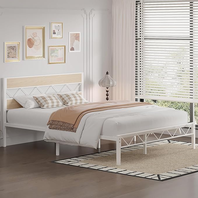 VECELO Full Size Bed Frame with Headboard, Heavy-Duty Platform Bedframe with Metal Slats Support, No Box Spring Needed, Easy Assembly, White & Natural