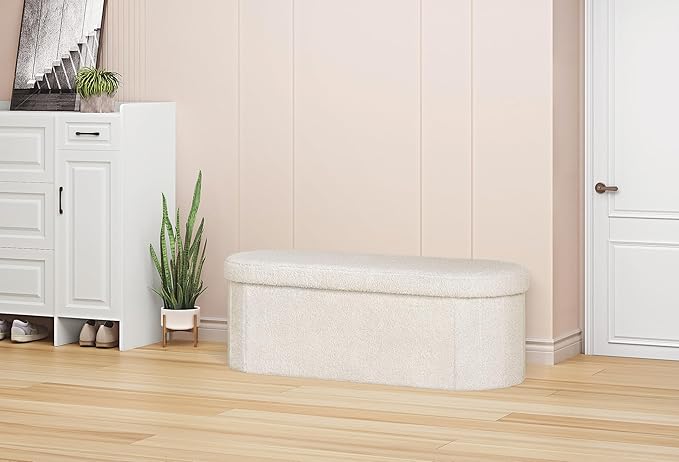PINPLUS Storage Ottoman Bench Tufted Oval Ottomans Bench Foot Rest, Chest Box Velvet Bench with Storage, 43"x15"x15" (White)