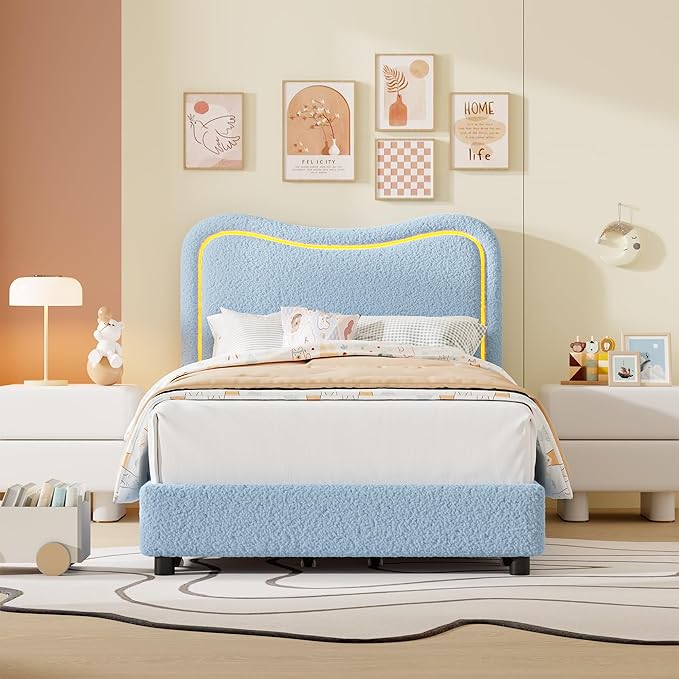 GarveeHome Upholstered LED Twin Bed Frames for Kids with 2 Drawers and Headboard, Cute Twin Bed with Storage for Girls, Boys, Sturdy Platform Bed, No Box Spring Needed, Wooden Slats, Noise Free, Blue