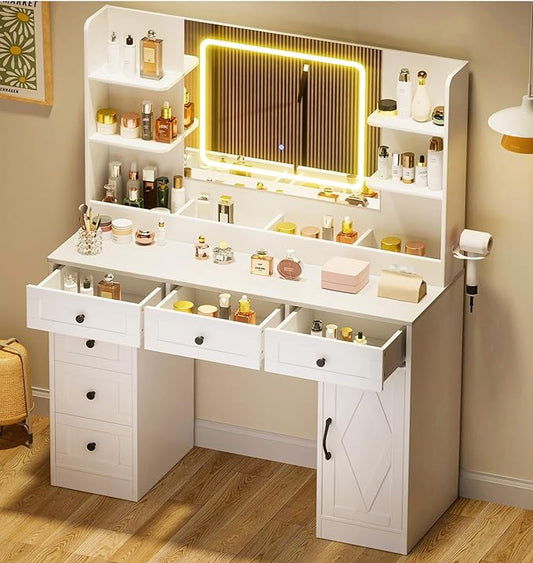 COMHOMA Makeup Vanity Desk with Mirror and Lights, Large Vanity Table with 6 Drawers & 1 Storage Cabinet, White Bedroom Dressing Table for Girls, 3 Color Modes Adjustable Mirror, White