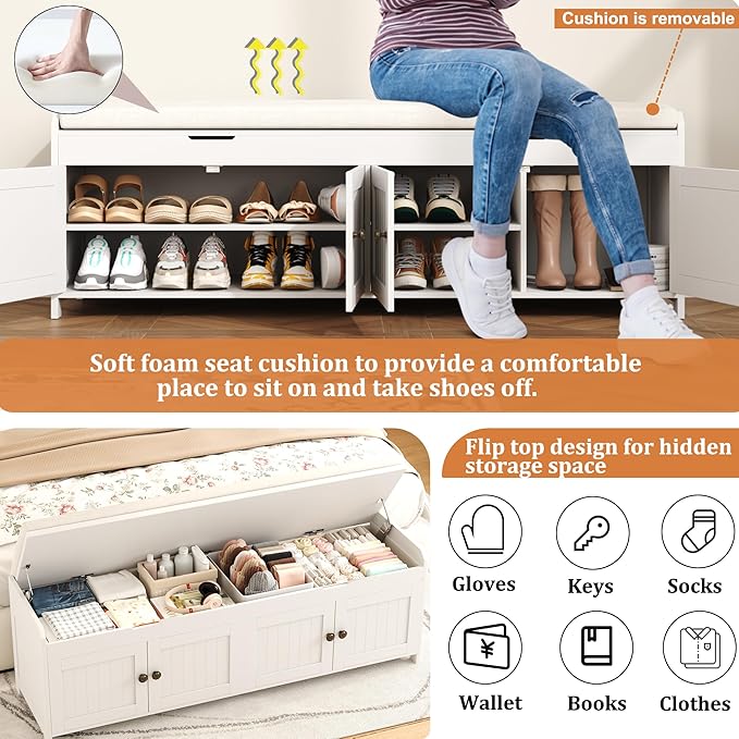 HOMEFORT 54.4" Shoe Bench with Lift Top Storage, Entryway Bench with Cushioned Seat, Wooden End of Bed Bench, Shoe Cabinet Bench with Hidden Storage Space, for Bedroom, Hallway,White