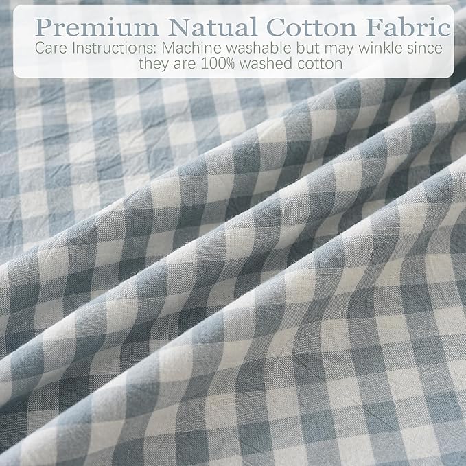 Blue White Plaid Euro Pillow Shams Ruffle Pillowcases Set of 2,Shabby Checkered Washed Cotton Pillow Covers-26 x26,Blue/White Plaid
