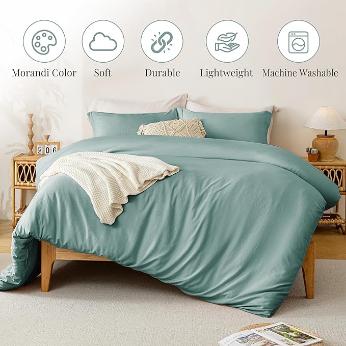 MILDLY Super Soft Duvet Cover - 100% Washed Microfiber Grayish Teal Comforter Cover Set 3 Pieces with Zipper Closure & Corner Ties (No Comforter)