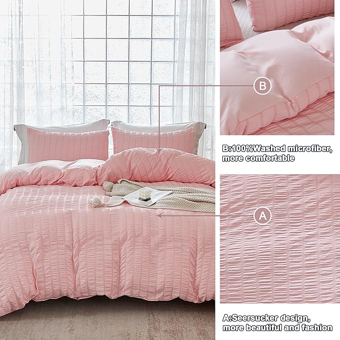 AveLom Blush Pink Seersucker Duvet Cover Set King Size (104 x 90 inches), 3 Pieces (1 Duvet Cover + 2 Pillow Cases), Ultra Soft Washed Microfiber, Textured Duvet Cover with Zipper Closure, Corner Ties