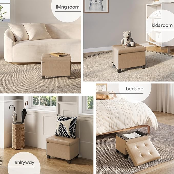 Storage Ottoman Cube with Small Bin, 16-in Square Ottoman with Storage for Living Room and Bedroom, Small Ottomans Foot Rest, Leather Foot Stools Ottomans Max 330lbs, Taupe
