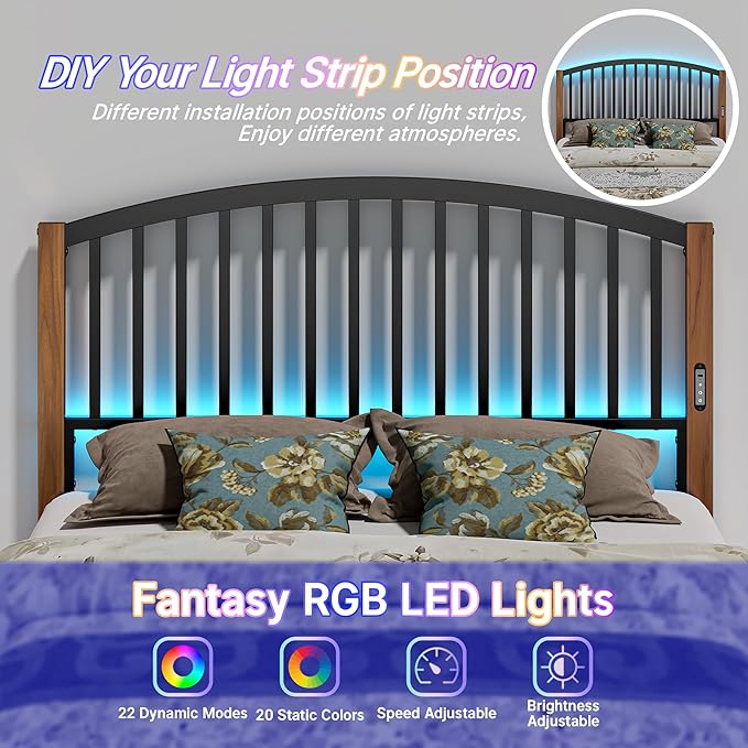 Weehom Headboard Queen Size with LED Light, USB & Type C Port and Touch & Remote Control, Adjustable Height Queen headboard only, Metal Bed Headboard with Vintage Cherry Wood Grain Legs