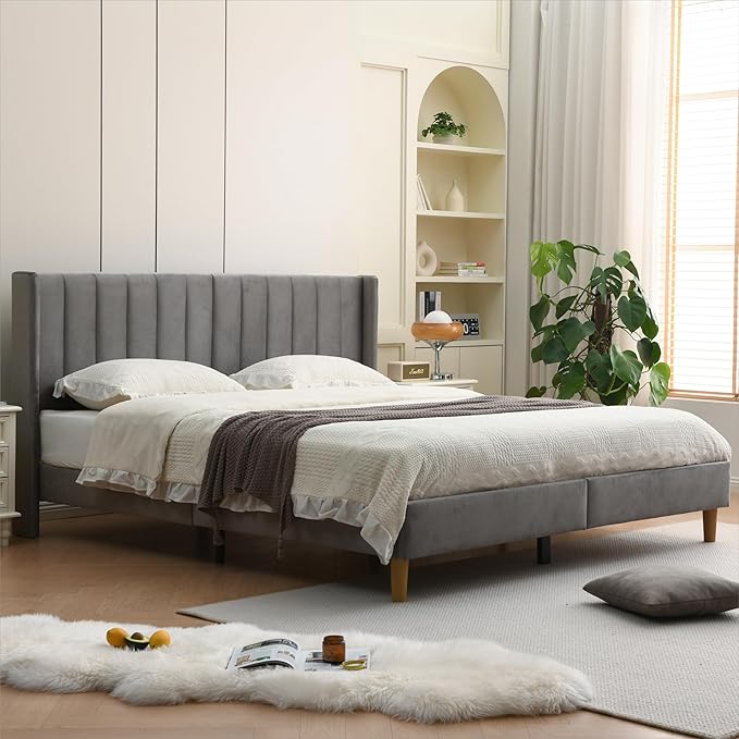 YUHUASHI upholstered Platform Bed Frame/King Bed Frame/Modern Geometric Double-Wing Design headboard/Velvet Fabric/Easy to Assemble no Noise (Grey, King (U.S. Standard))