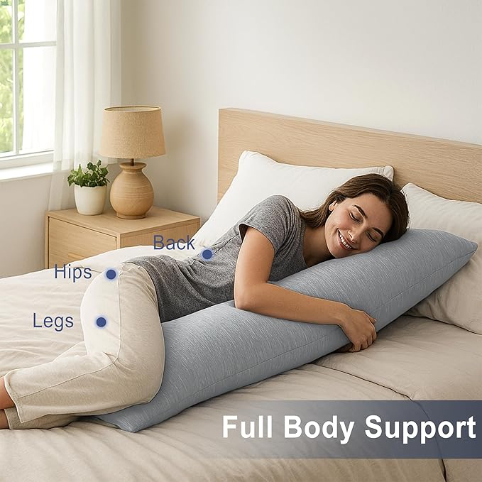 DWCN Cooling Body Pillow for Adults, 20x54 Inch Light Grey - Shredded Memory Foam Body Pillow with Removable & Adjustable Filling, Full Body Support for Side Sleepers, Pregnancy & Pain Relief