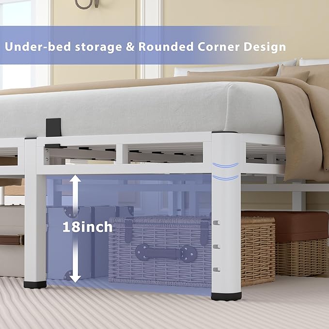 NKZ 22 Inch King Size Bed Frame, Metal Bed Frame & Box Spring 2 in 1 Platform with Round Corner Legs, 4000Lbs Heavy Duty Metal Frame, Mattress Slide Stopper, Headboard Hole, Noise-Free, Easy Assembly