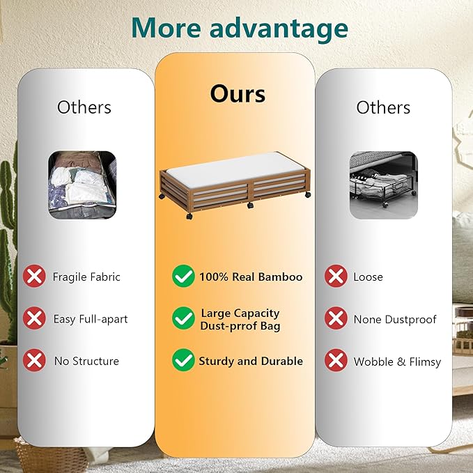 Wisuce Bamboo Under Bed Storage Containers- Underbed Organizer with Wheels with Dust Bag,Sturdy Wood Rolling Under the Bed Shoe Storage Organizer Drawers (Brwon, 2 Pack (33.07"×16.54"))