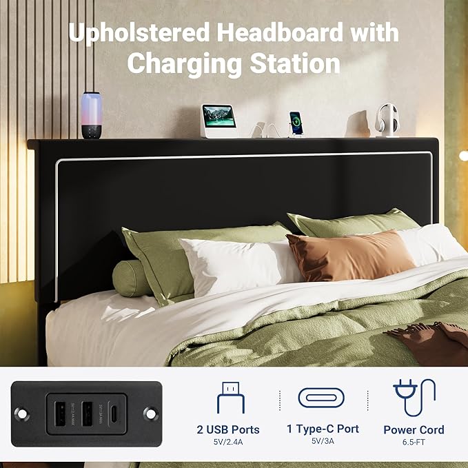 Allewie King Size Lift Up Storage Bed Frame with Charging Station & LED Lights, Adjustable Velvet Upholstered Storage Headboard, Type-C & USB Ports, Hydraulic Support, No Box Spring Needed, Black