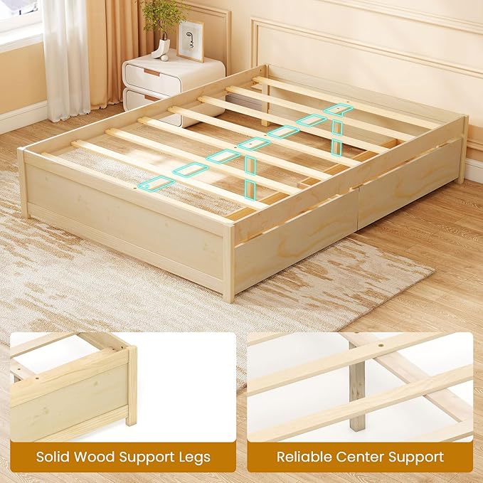 Giantex Full Size Bed Frame with 2 Storage Drawers, Solid Wood Platform Bed with Slats Support, Heavy Duty Daybed with Storage, No Box Spring Needed, Full Bed Frames for Teens Adults, Natural