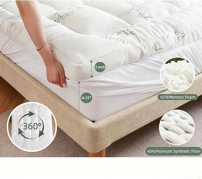 Bamboo Mattress Topper Twin XL Size with Deep Pocket 1700 GSM Cooling Shredded Memory Foam Mattress Pad Rayon Derived from Bamboo, Ideal for Side Sleepers, Back Pain, Hot Sleepers