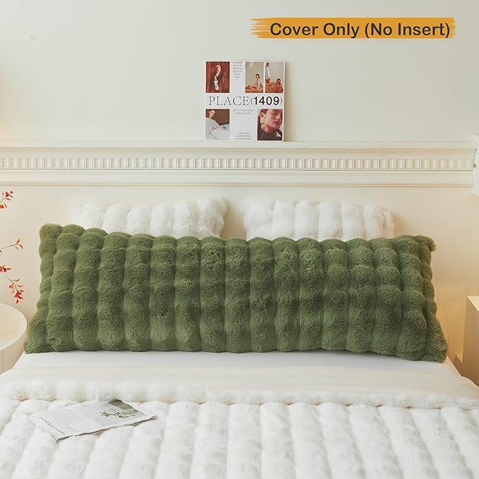 LIFEREVO Fluffy Faux Rabbit Fur Body Pillow Cover, Cozy Moss Bubble Shaggy Plush Bed Body Pillowcase with Zipper Closure, Long 20"x54" Fuzzy Furry Pillow Case for Bedroom Home Decoration, Sage Green