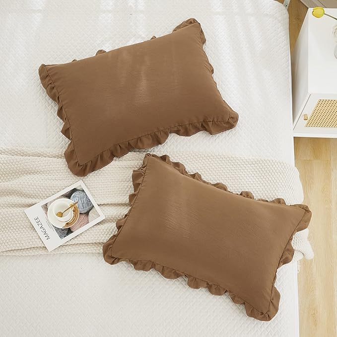 Merryword Brown Pillowcases - King Size Ruffled Shams Set of 2 - Solid Fringe Design - Coffee Brown Shabby Chic - 2 Pack (King (20''x36''))