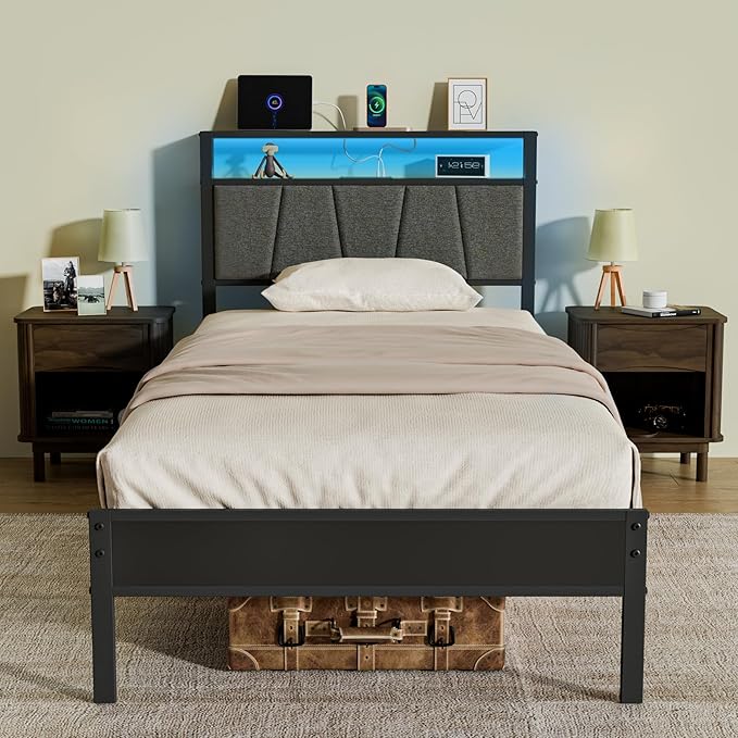 Z-hom Storage Headboard with Charging Station Twin Bed Frame, LED Bed with Upholstered Headboard and Footboard, Metal Platform Bed with 2-Tier Shelves, Easy Assembly, No Box Spring Needed, Noise Free