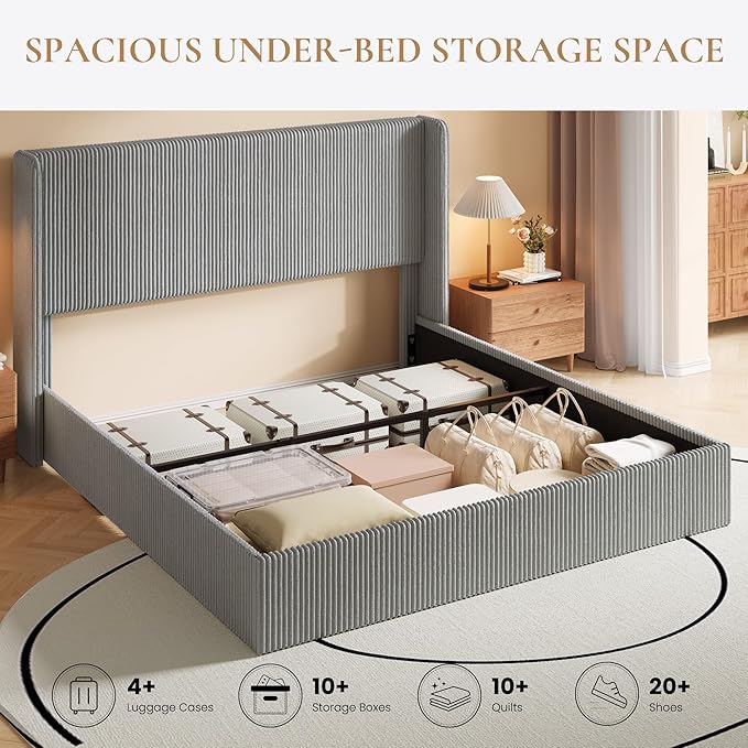 SHA CERLIN King Size Lift Up Storage Bed Frame, Modern Upholstered Wingback Headboard, Hydraulic Support & Underneath Storage, Soft Corduroy Fabric Platform Bed, No Box Spring Needed, Light Grey