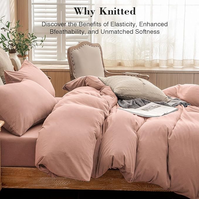 PURE ERA Jersey Knit Duvet Cover Set 100% T-Shirt Cotton Super Soft Comfy 3pc Jersey Duvet Cover King with Zipper Closure (New Petal Pink, King)
