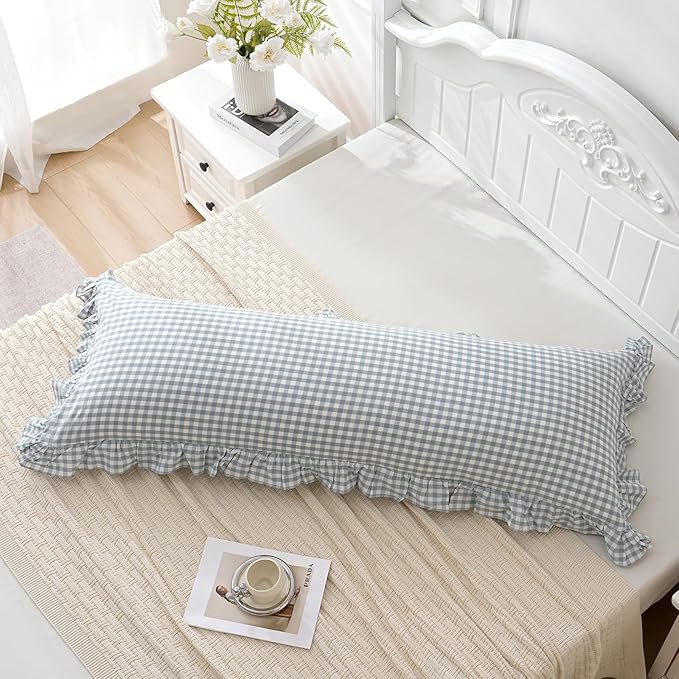 Blue White Plaid Ruffled Body Pillow Sham Washed Cotton Shabby Checkered Gingham Pillow Cover 20"x54"
