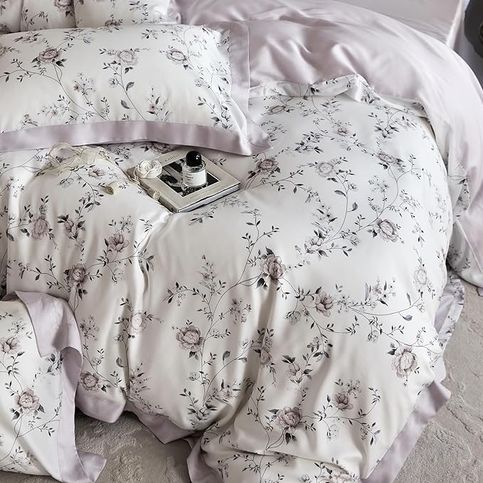 VM VOUGEMARKET Lilac Flower Duvet Cover Queen Silk-Like Smooth & Cool Eucalyptus Lyocell Duvet Cover with 2 Pillow Shams,Moisture Wicking Cooling Bedding Set for Summer-Queen,Purplish Grey