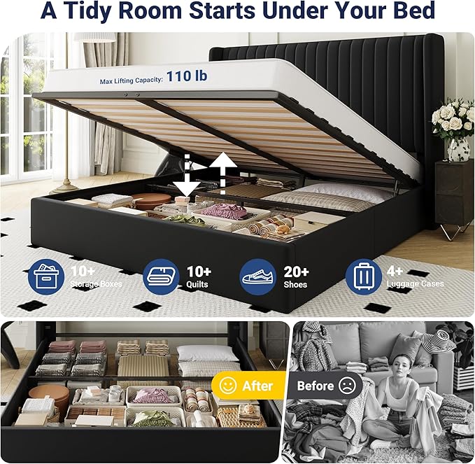 Allewie Queen Size Lift Up Storage Bed Frame, Hydraulic Support System, Upholstered Platform Bed Frame, Underneath Storage, Vertical Channel Tufted Headboard with Wingback, No Box Spring Needed, Black