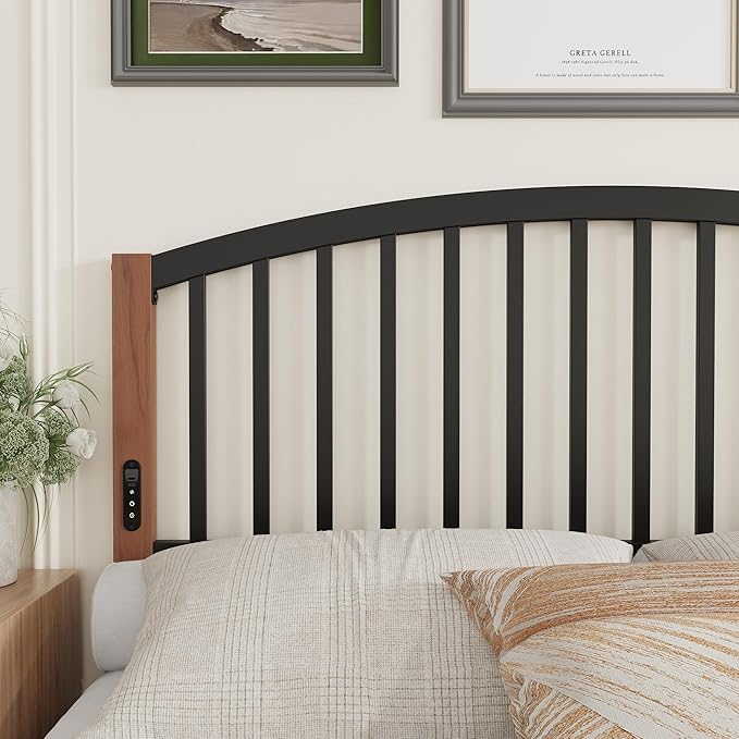 Weehom Full Size Headboard Only, Metal Bed Headboard with LED Light and Charge Station, Adjustable Height Full Headboard with Vintage Cherry Wood Grain Legs, Easy Assembly