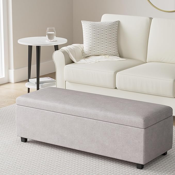 SIMPLIHOME Avalon Storage Ottoman Bench - 48" Wide x 16" High Upholstered Linen Look Fabric Rectangular Lift-Top Ottoman in Cloud Grey, Contemporary Bench for Living Room with High-Density Foam