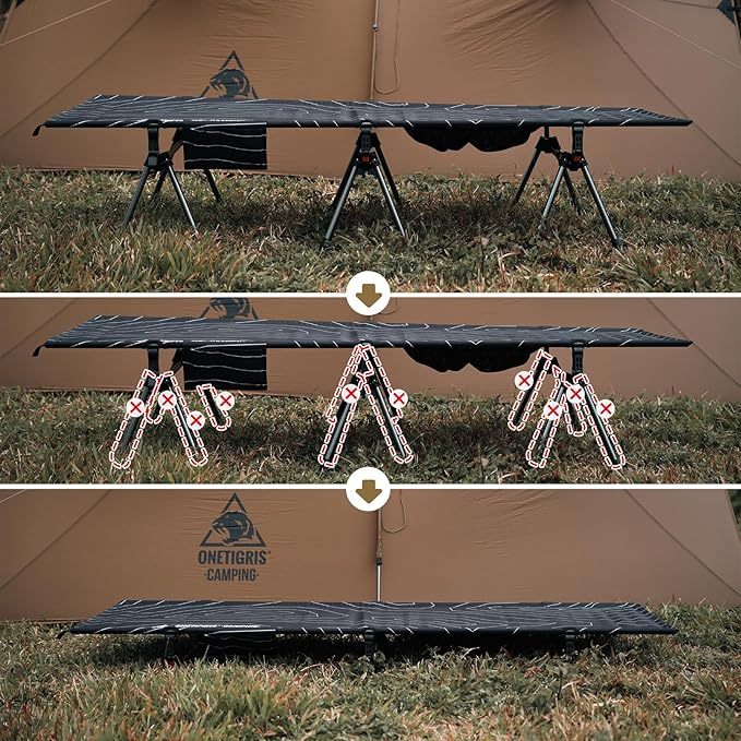 ONETIGRIS SUPRANUBIS Camping Cot, Height Adjustable with Cot Leg Extenders, Strong Support 330lbs, Lightweight Comfortable Folding Bed for Camping, Hiking, Travel, Truck, Beach, Office Nap