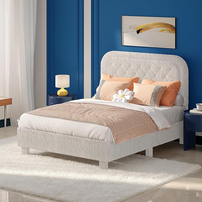 VINGLI Cloud Queen Bed Frame with Boucle Headboard,Cozy Soft Platform Bed with Wooden Slats, Cute Fabric Headboard, Cream Modern Style,Noise Free,Rounded Corners,White