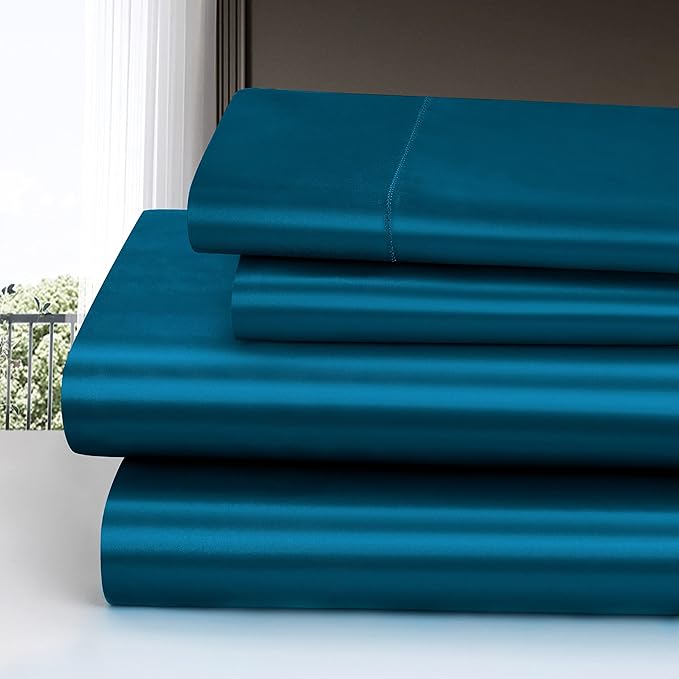 Homiest 5pcs Satin Split King Sheets Sets for Adjustable Bed, Luxury Silky Satin Bedding Set with Deep Pocket, 2 Fitted Sheets + 1 Flat Sheet + 2 Pillowcases (Split King Size, Dark Teal)