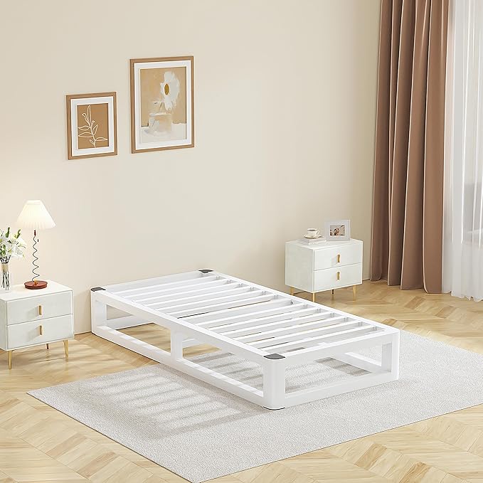 10 Inch Twin Bed Frames with Rounded Corner and Squeak Free U-Slot Design, Metal Platform Bed Frames 6 Non-Slip Guards, 3500lbs Heavy Duty Steel Slat Support, No Box Spring Needed, White